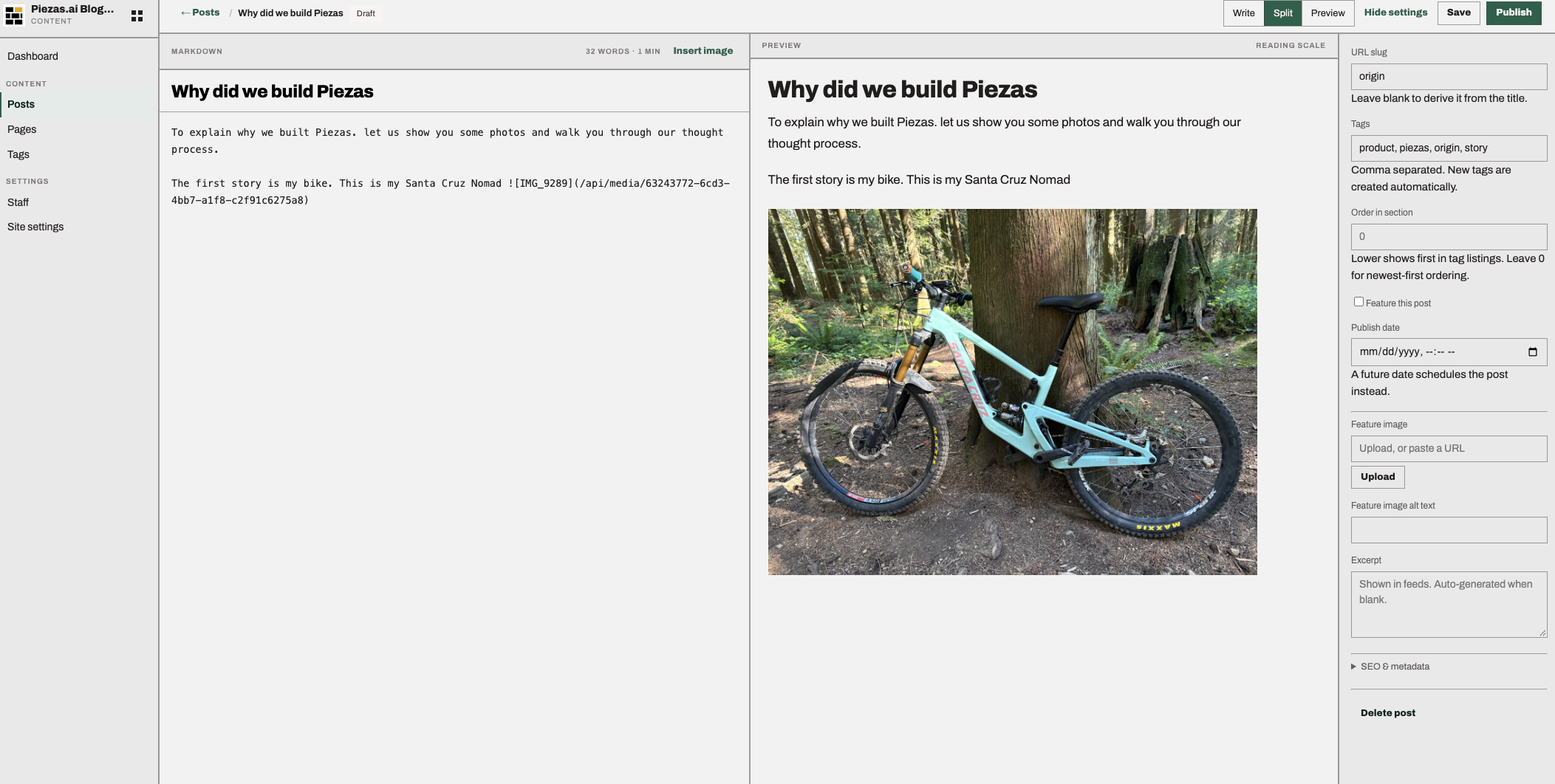 Piezas blog editor with writing, live preview, images and publishing settings