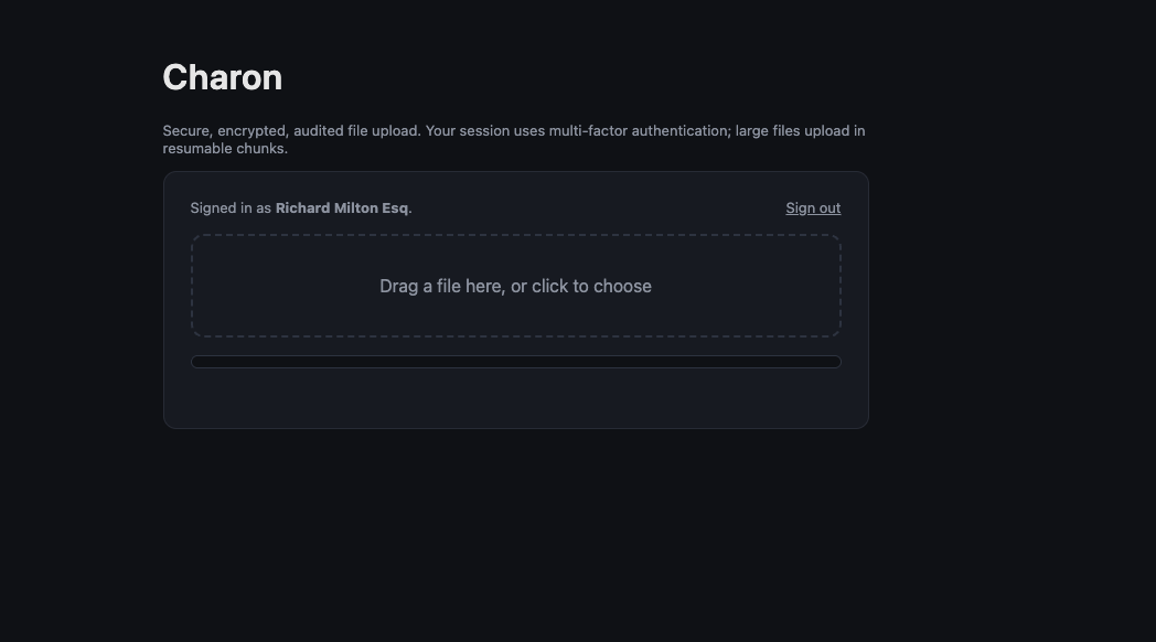 Charon secure file upload screen with a file drop zone and support for resumable uploads