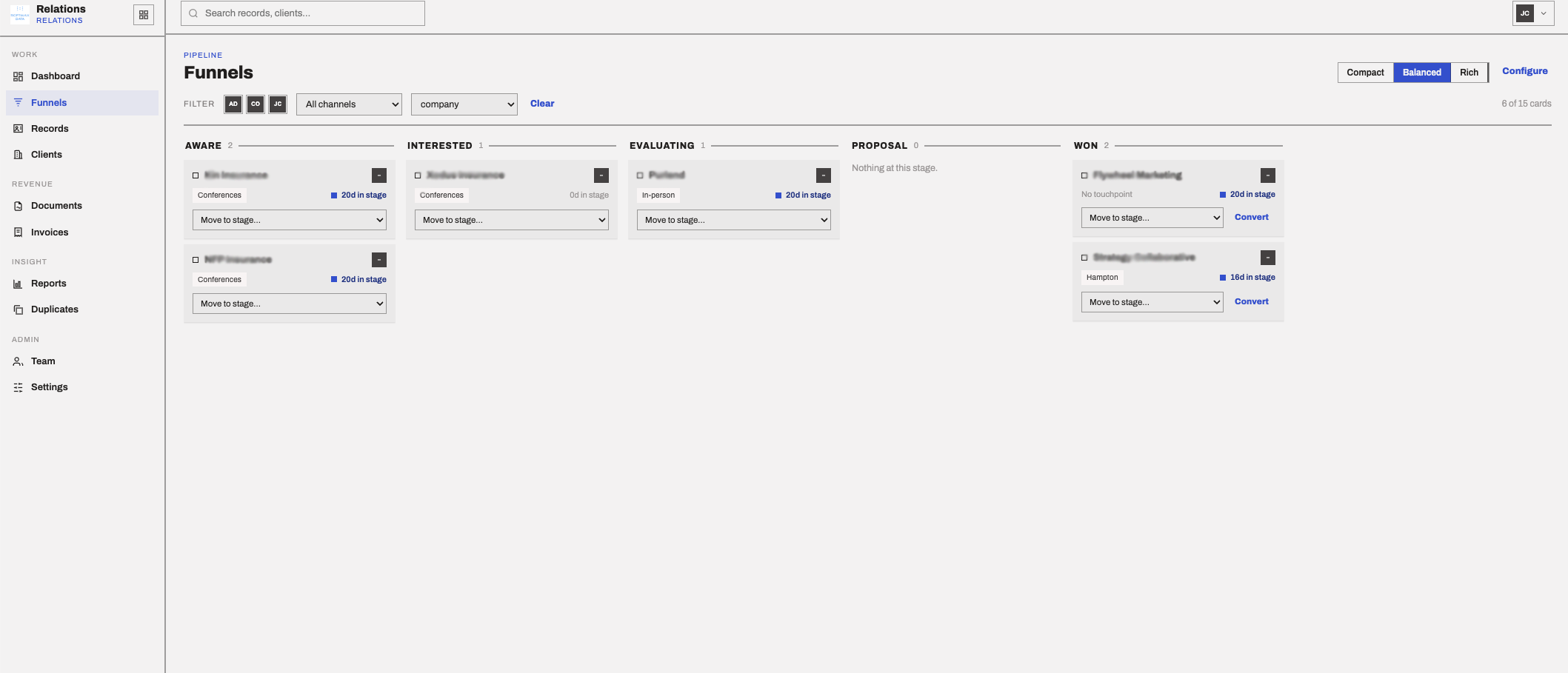 Relations CRM sales funnel showing opportunities from initial interest through won clients