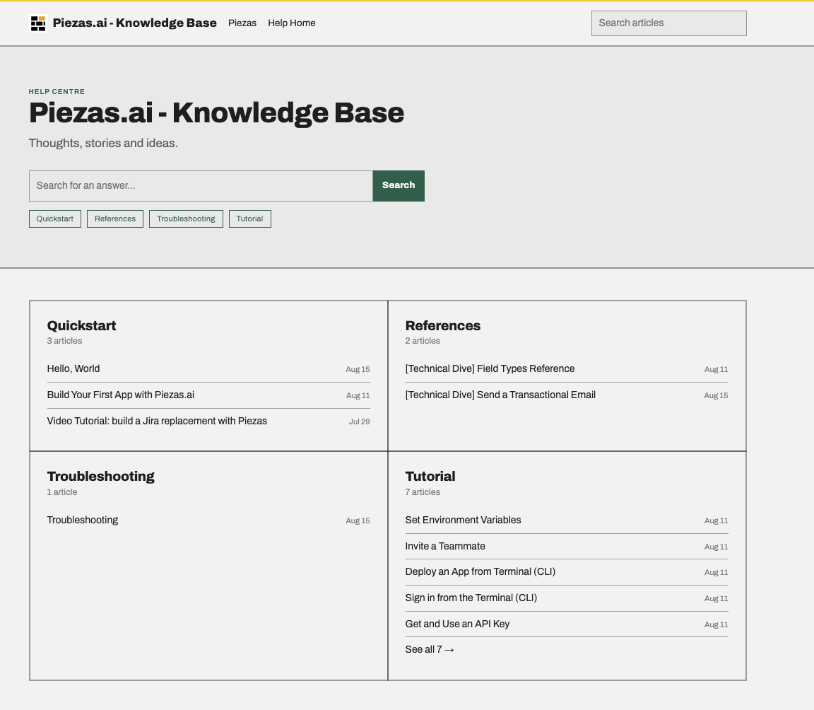 Piezas Knowledge Base with article search and help topics