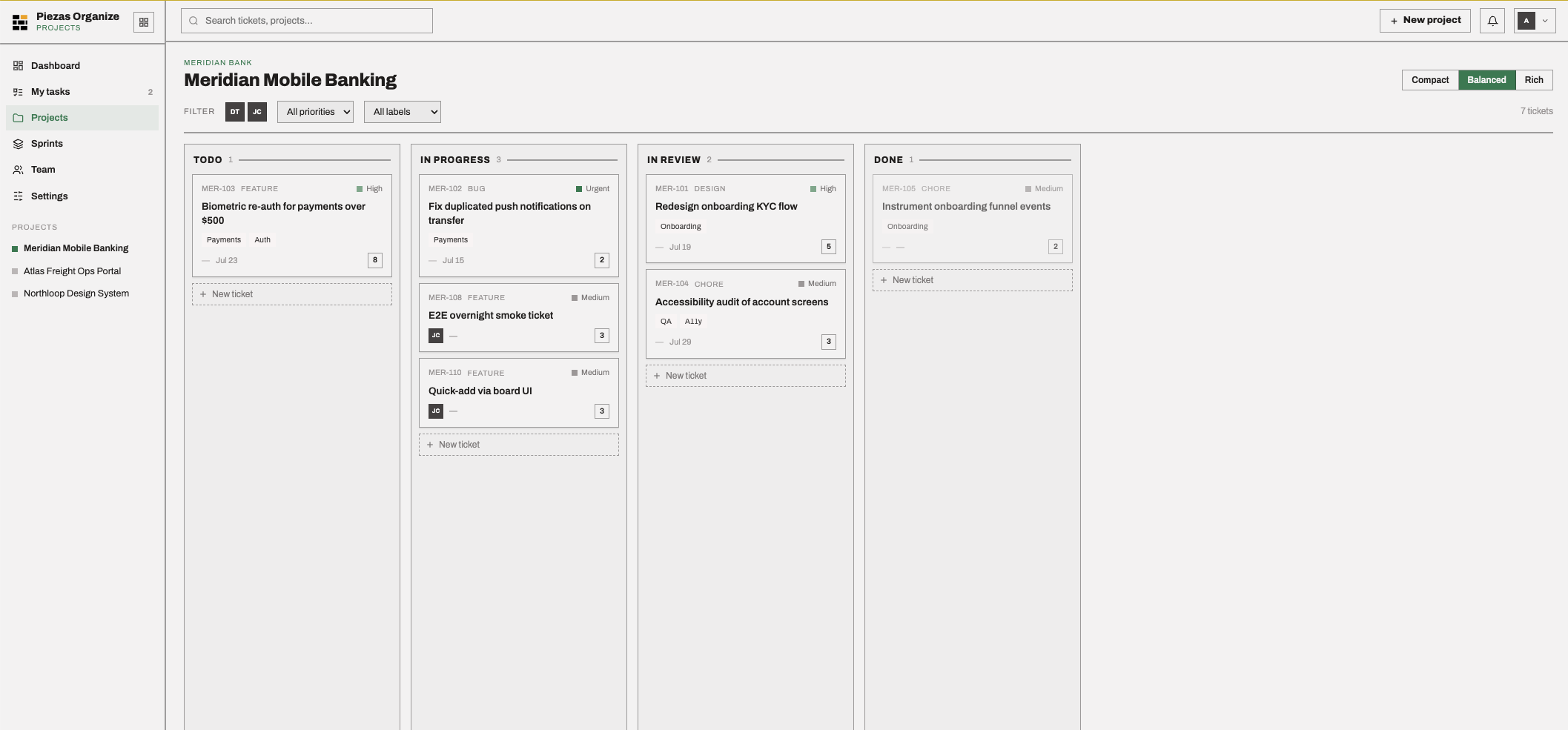 Piezas Organize project board with tasks arranged by status, priority and assignee