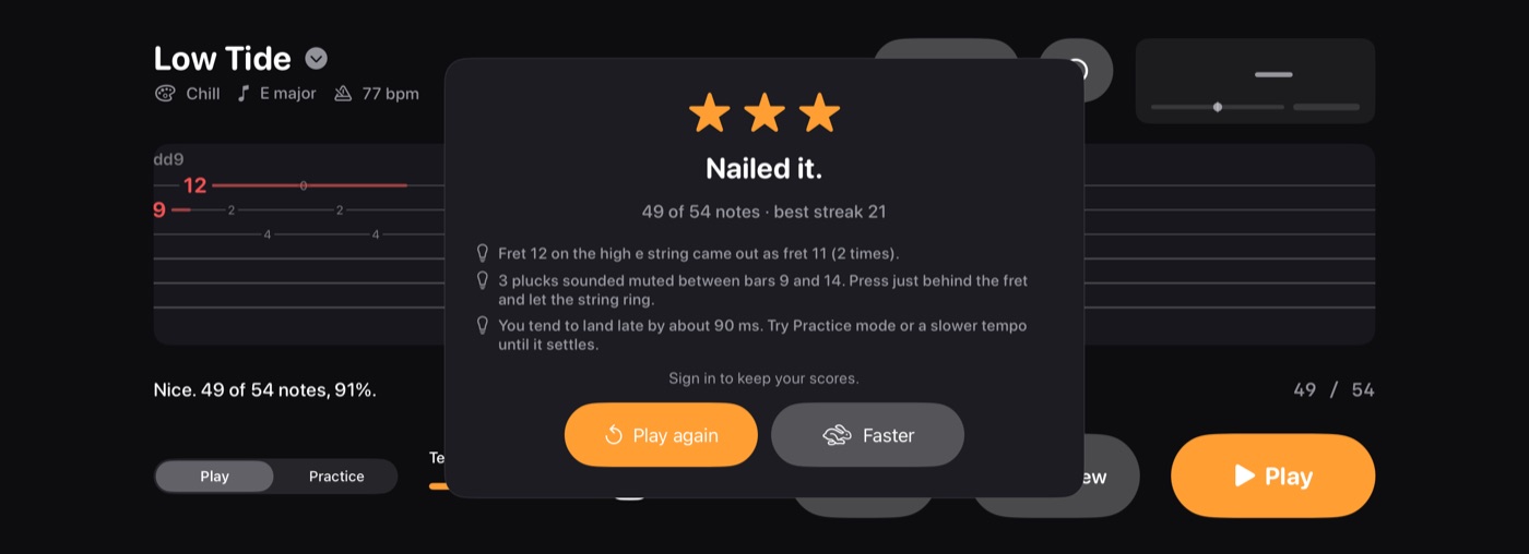 TabFollower finish card with stars, best streak and plain-language notes on what to fix
