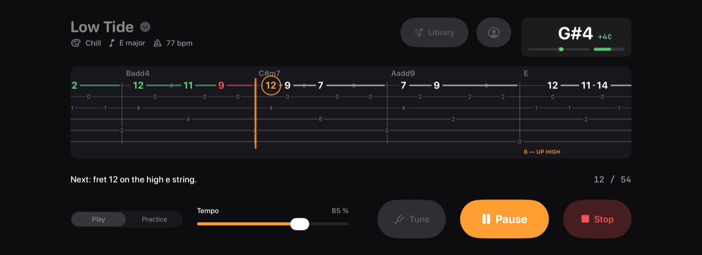 TabFollower play screen: guitar tab scrolling with hit notes in green, a missed note in red and the next note circled