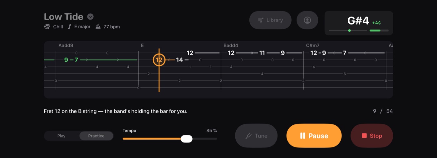 TabFollower practice mode looping a bar until the player hits the note