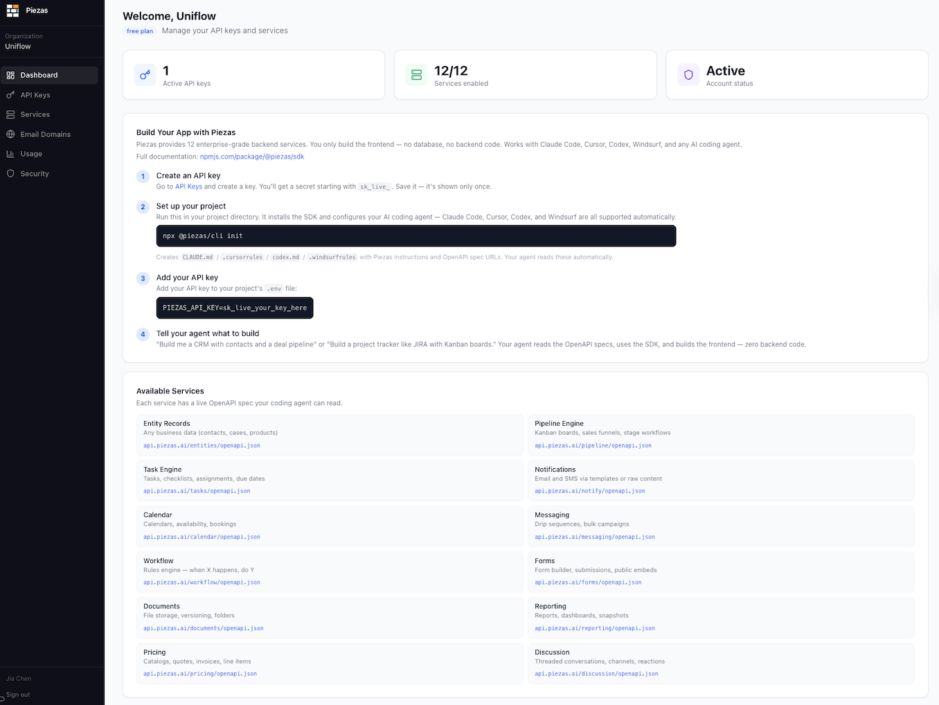 Piezas dashboard showing available services, project setup, and analytics